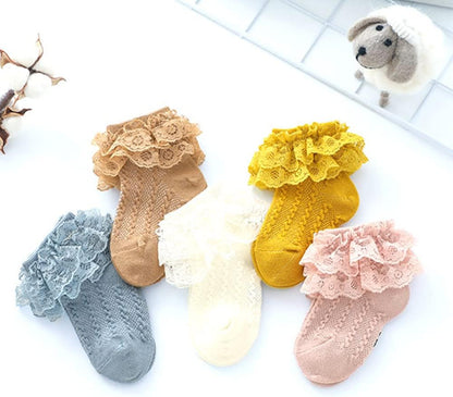 5 Pairs Toddler Baby Girl Ruffle Eyelet Lace Socks Princess Frilly Knit Cotton Short Socks for Infants Toddlers