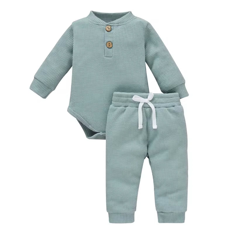 Solid Color Newborn Baby Knitted Warm 2Pcs Suit Toddler Girl Boy Long Sleeve Romper Tops Pants Fall Winter Homewear 2021