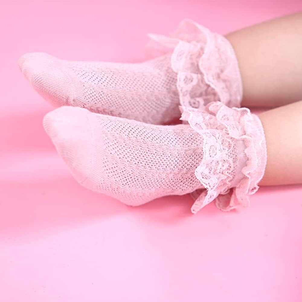 5 Pairs Toddler Baby Girl Ruffle Eyelet Lace Socks Princess Frilly Knit Cotton Short Socks for Infants Toddlers