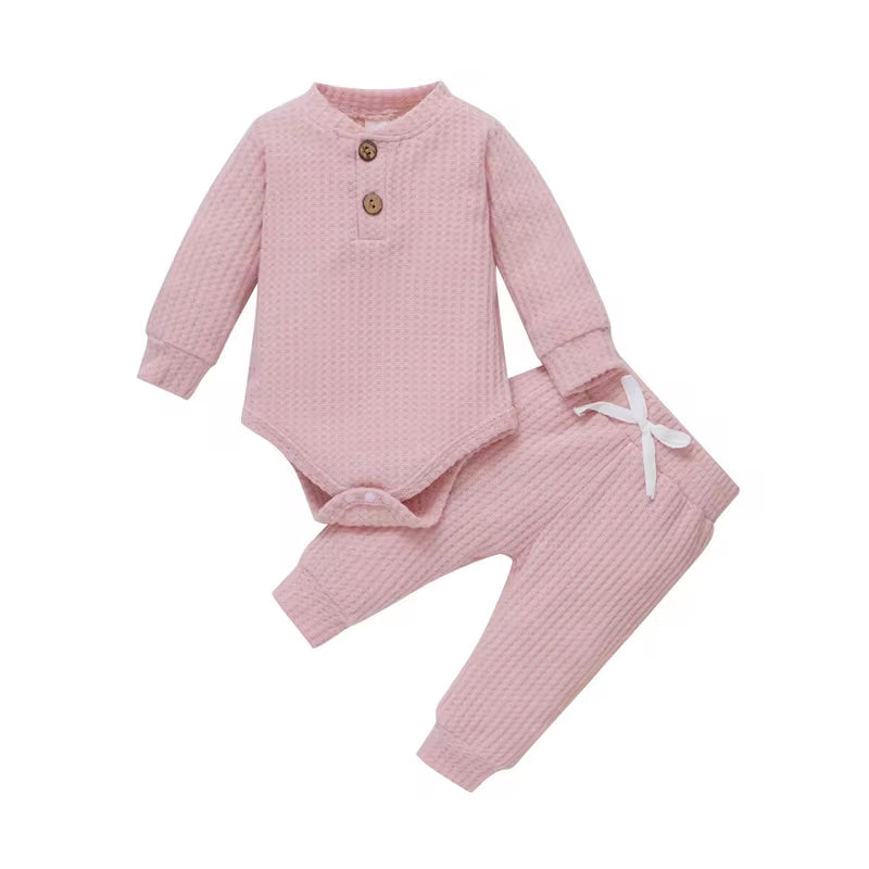 Solid Color Newborn Baby Knitted Warm 2Pcs Suit Toddler Girl Boy Long Sleeve Romper Tops Pants Fall Winter Homewear 2021